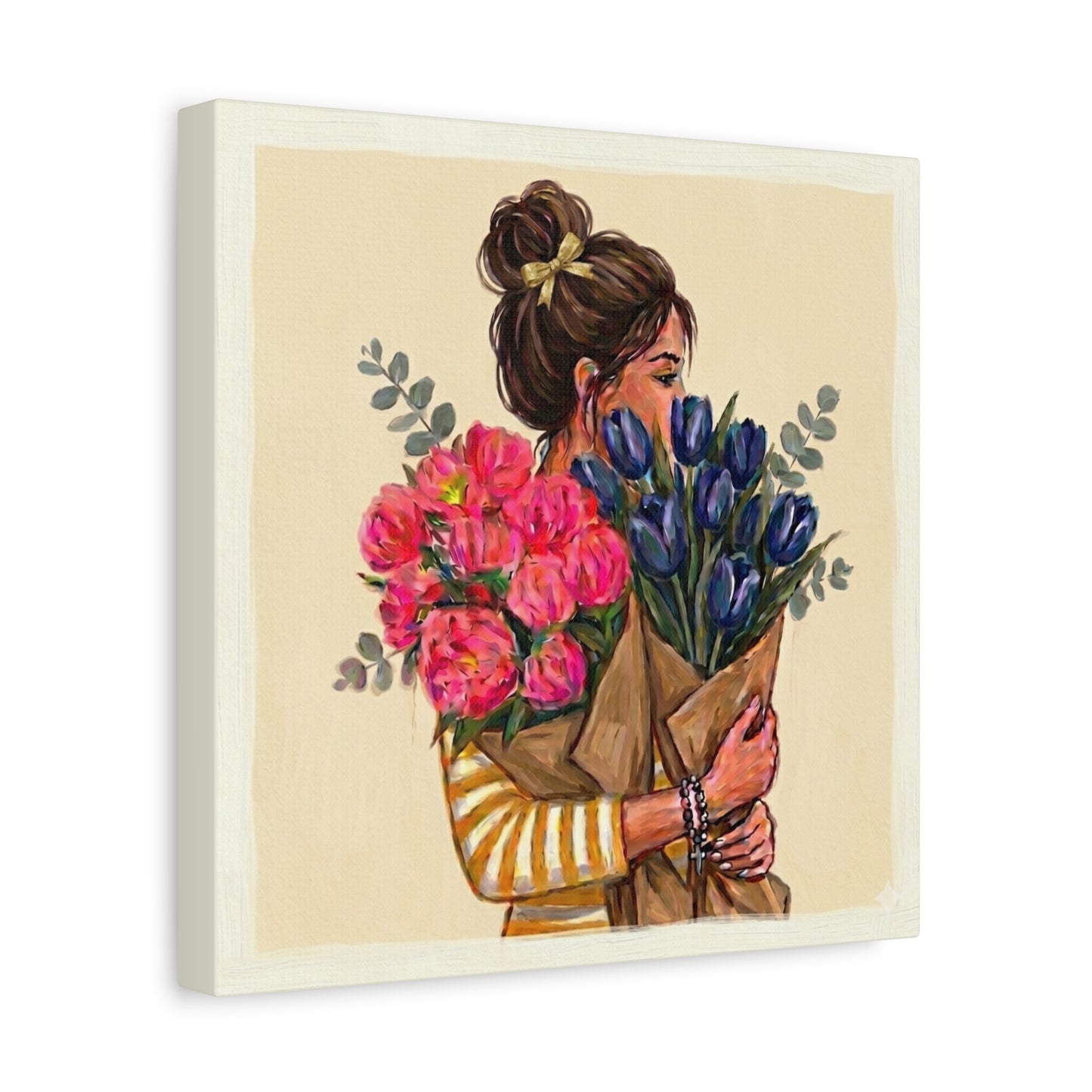 Canvas Wall Art - Woman Hugging Bouquets Floral Painting (Matte Stretched)