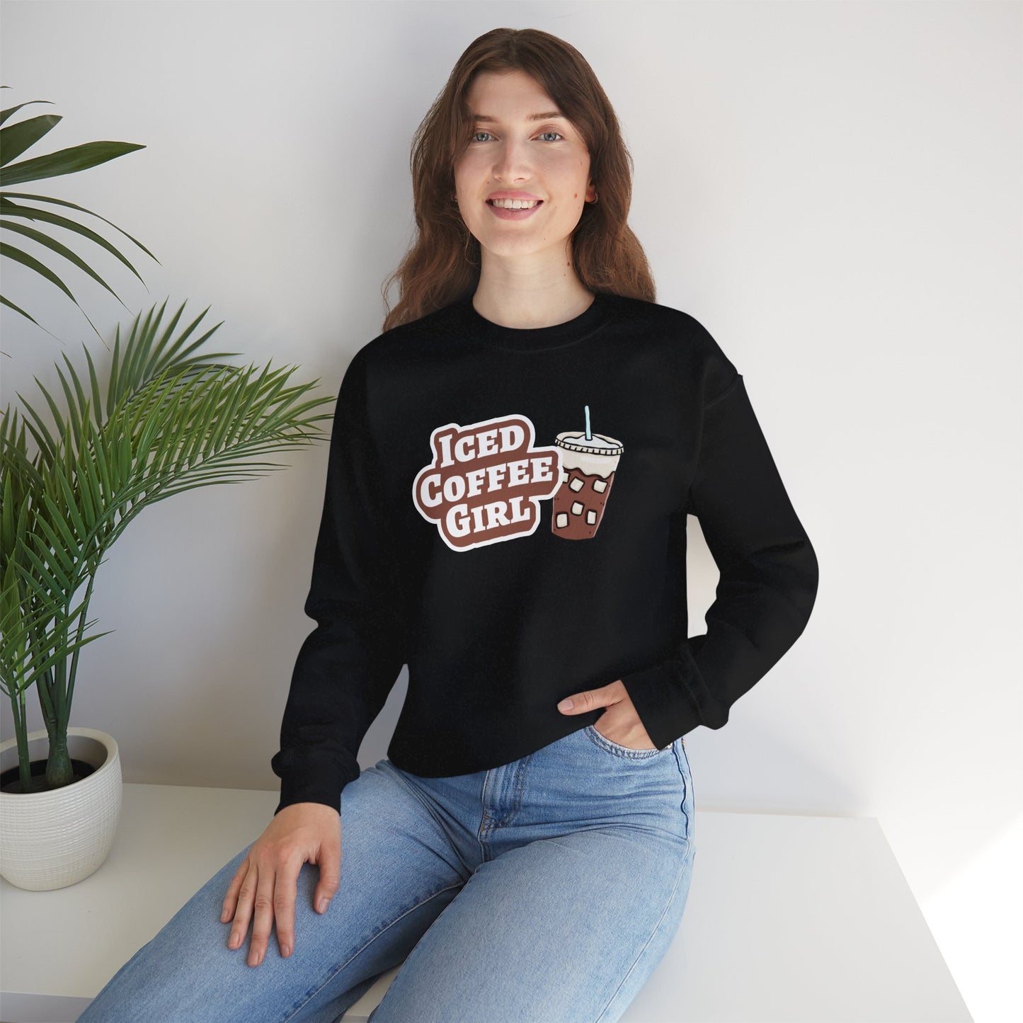 Iced Coffee Girl Sweatshirt — Bold Iced Coffee Cup Crewneck