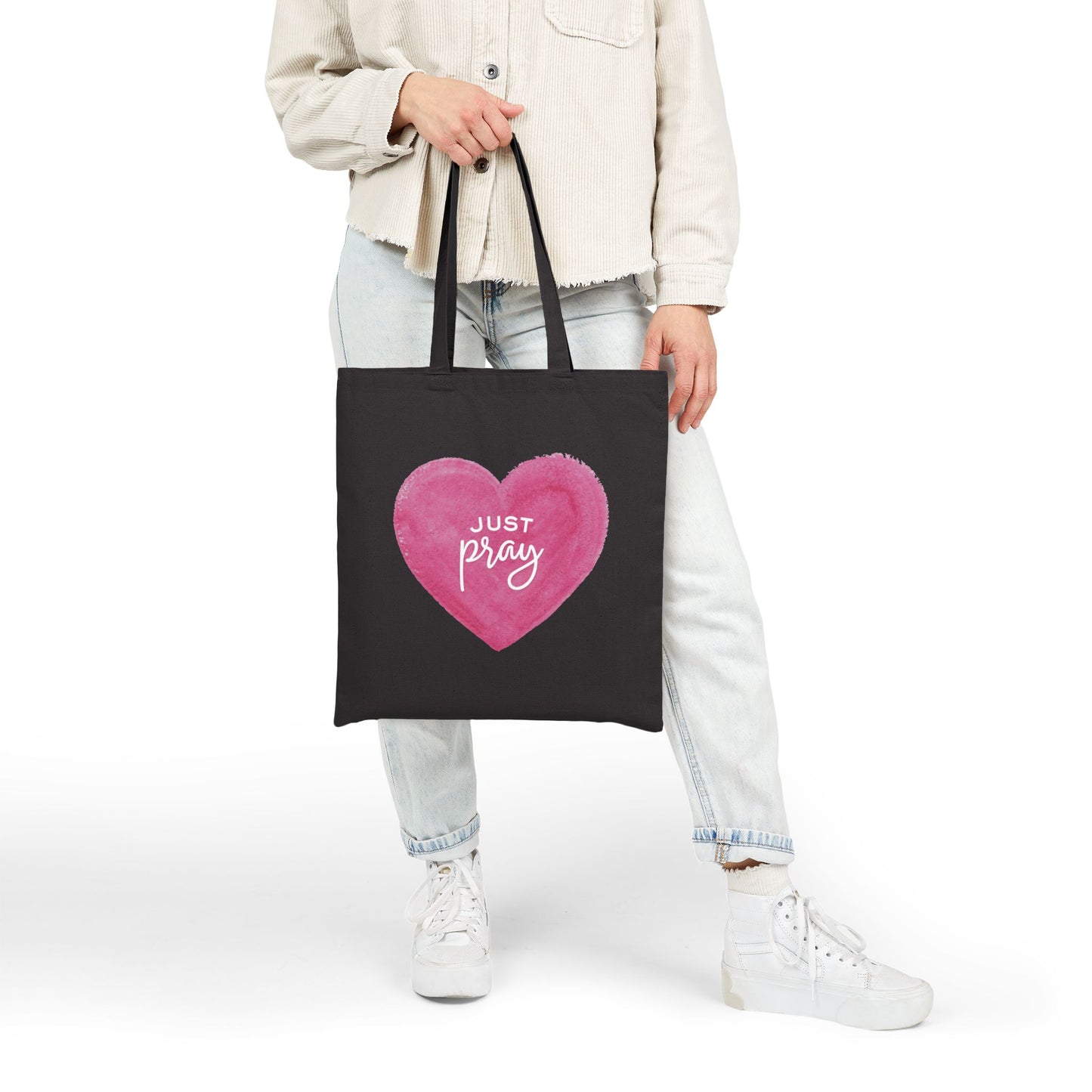 Tote Bag — 'Just Pray' Pink Heart Canvas Tote (Faith-Inspired Everyday Shopper)