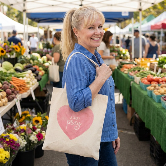 Tote Bag — 'Just Pray' Pink Heart Canvas Tote (Faith-Inspired Everyday Shopper)