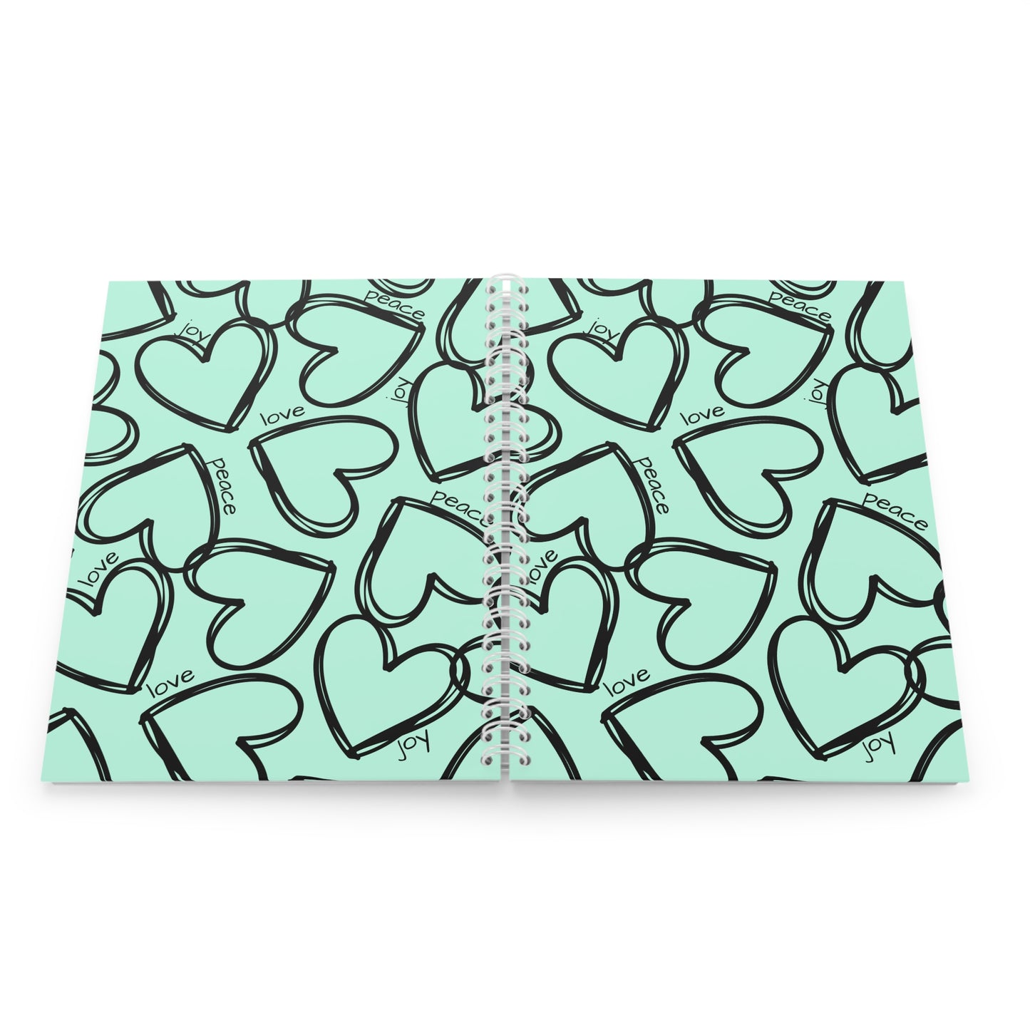 Heart Pattern Spiral Notebook — Mint Green Love, Peace & Joy Journal