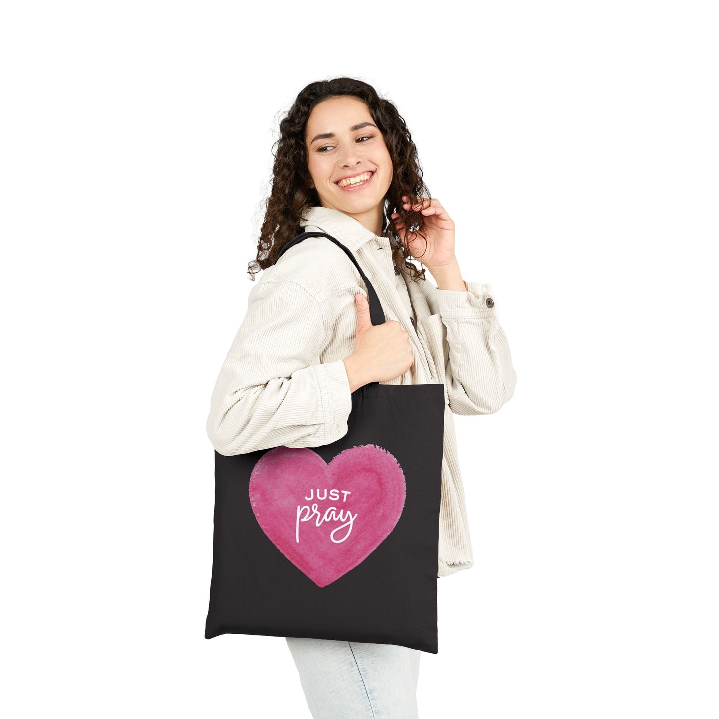 Tote Bag — 'Just Pray' Pink Heart Canvas Tote (Faith-Inspired Everyday Shopper)