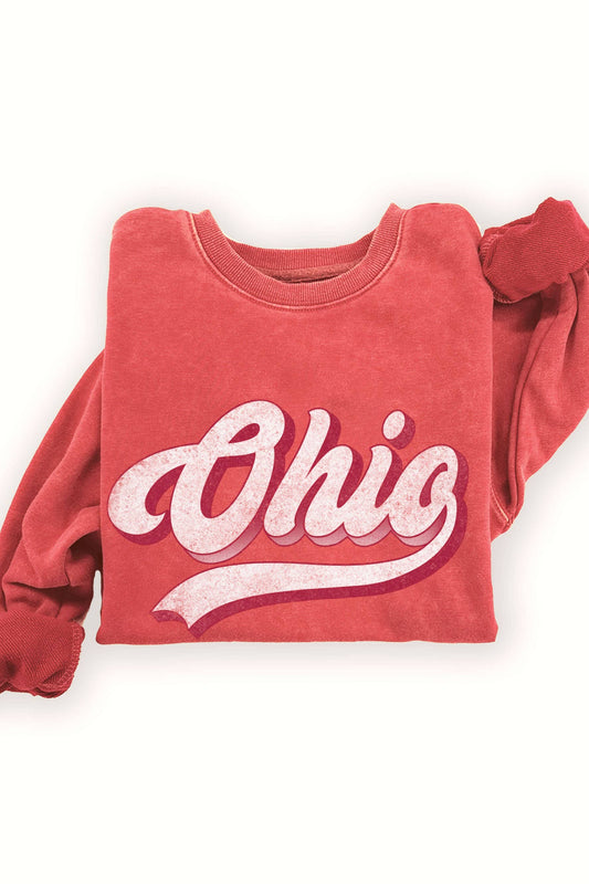 Ohio Retro Script Mineral Wash Crewneck — Red