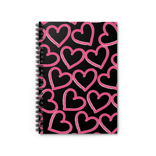 Black & Pink Tossed Hearts Spiral Notebook | Ruled Journal