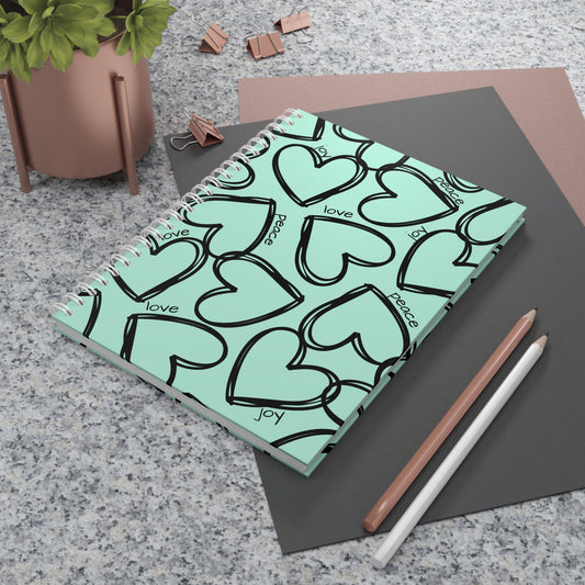 Heart Pattern Spiral Notebook — Mint Green Love, Peace & Joy Journal