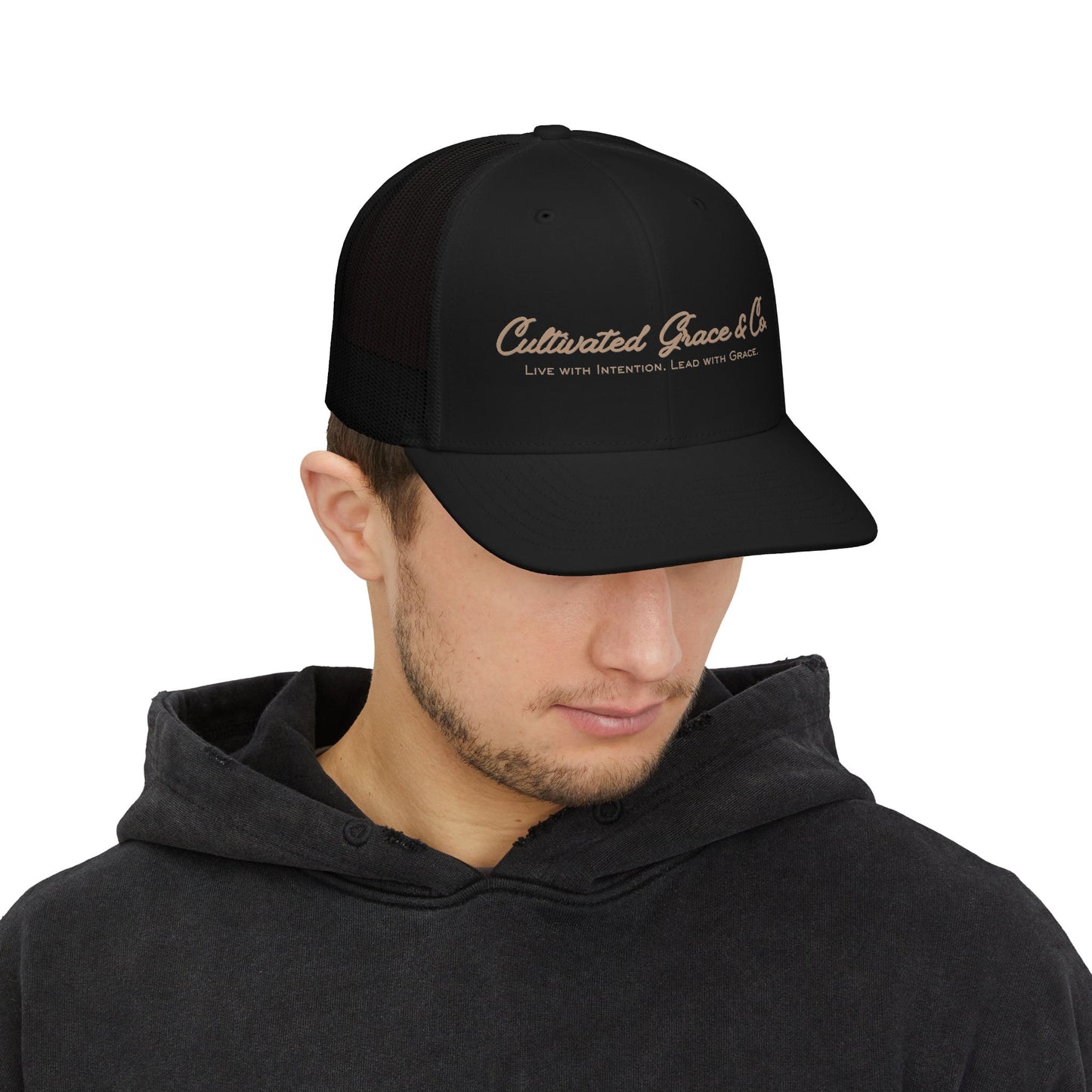 Cultivated Grace Trucker Cap — "Live with Intention, Lead with Grace" Snapback