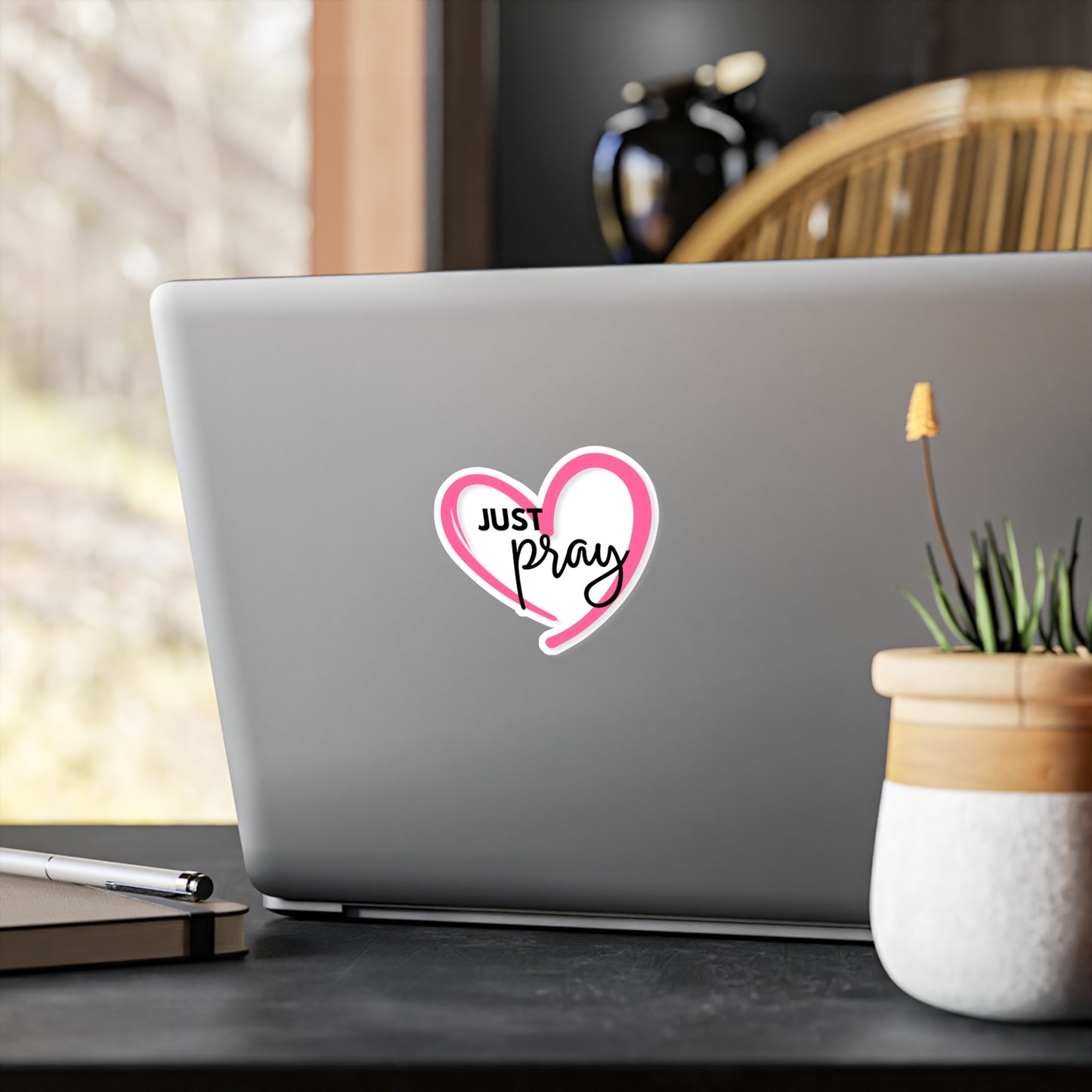 Pink & White Just Pray Heart Sticker — Inspirational Vinyl Kiss-Cut Sticker