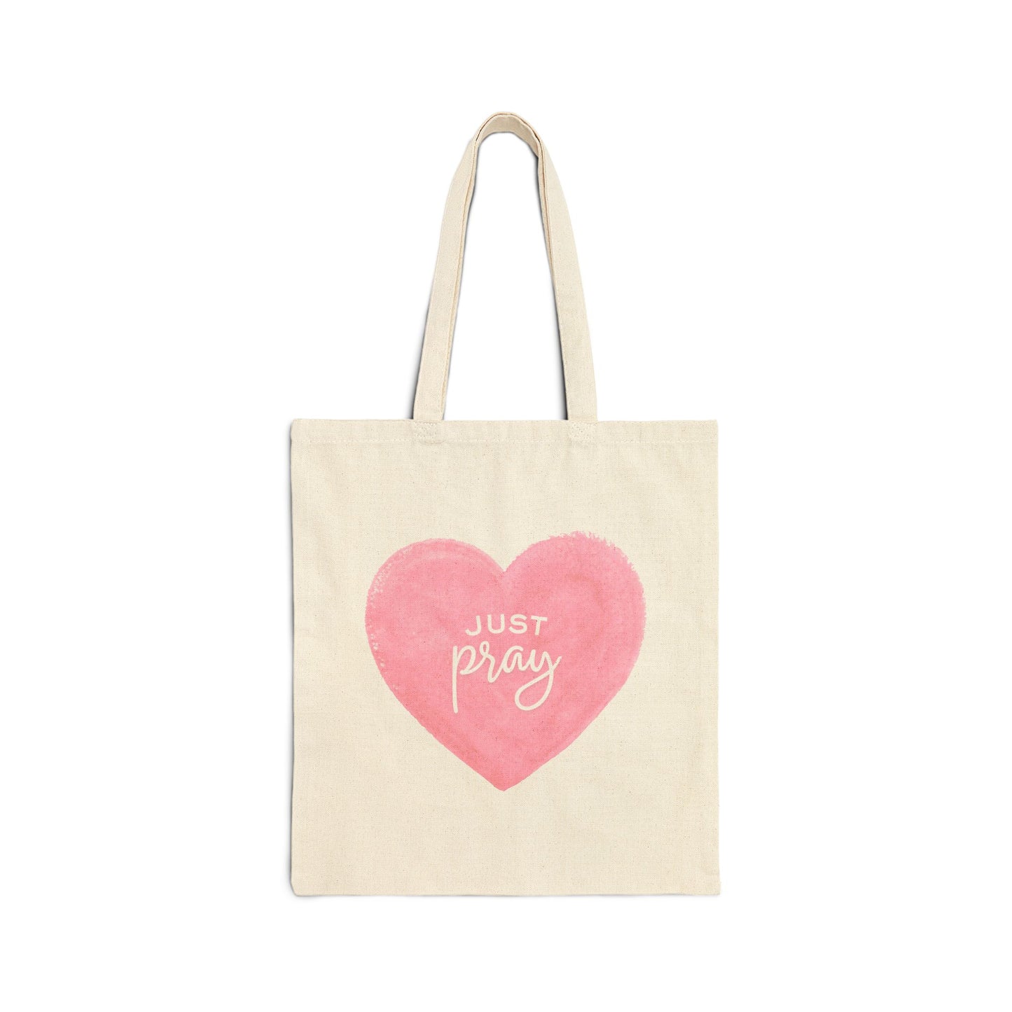 Tote Bag — 'Just Pray' Pink Heart Canvas Tote (Faith-Inspired Everyday Shopper)