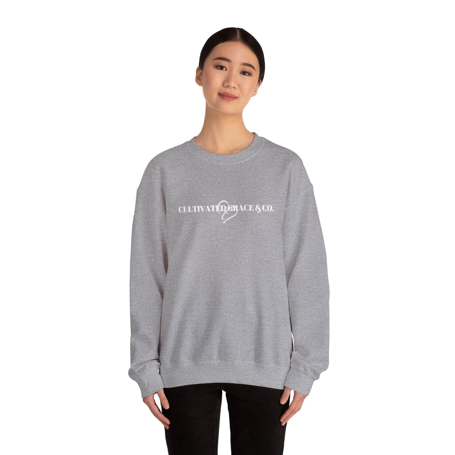 Crewneck Sweatshirt - "Cultivate Grace & Co." Minimal Heart Logo, Cozy Casual Pullover for Everyday Wear