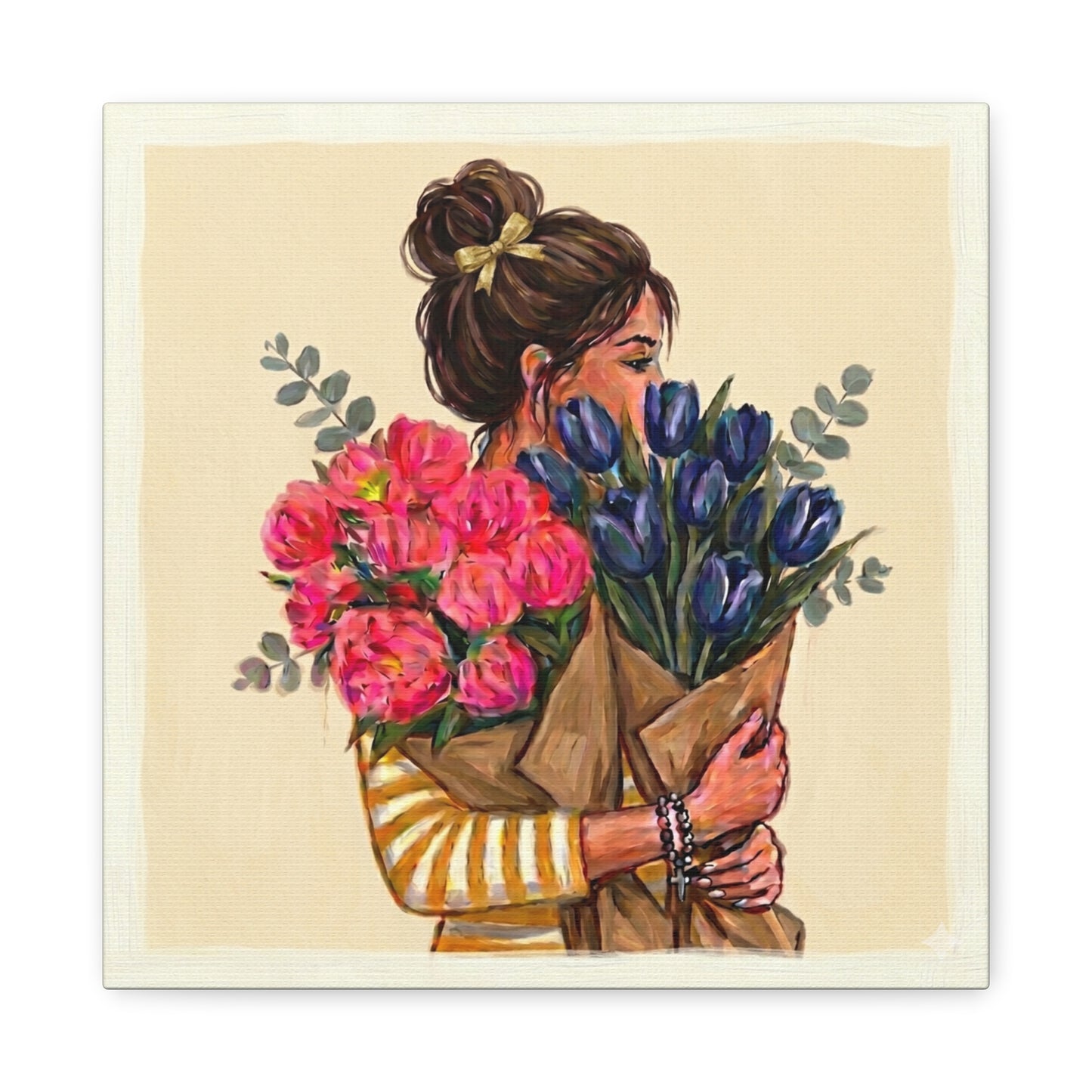 Canvas Wall Art - Woman Hugging Bouquets Floral Painting (Matte Stretched)