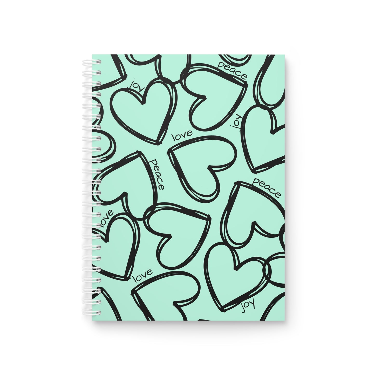 Heart Pattern Spiral Notebook — Mint Green Love, Peace & Joy Journal