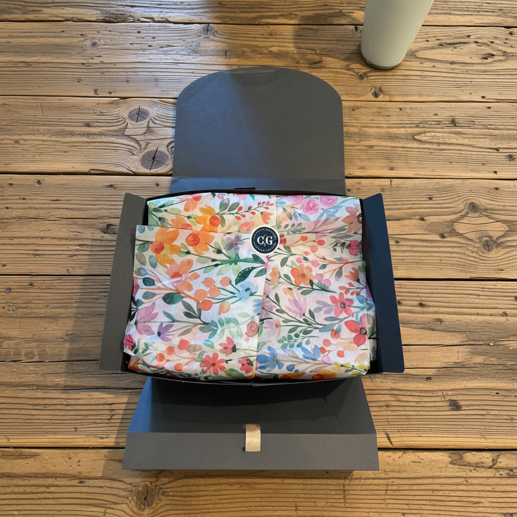 A folded floral-patterned fabric item, likely a scarf or bandana, displayed inside an open dark gray gift box on a rustic wooden surface. The fabric features a vibrant multicolor floral print with orange, pink, yellow, and green on a light background, with a small circular black and white logo patch in the center.
