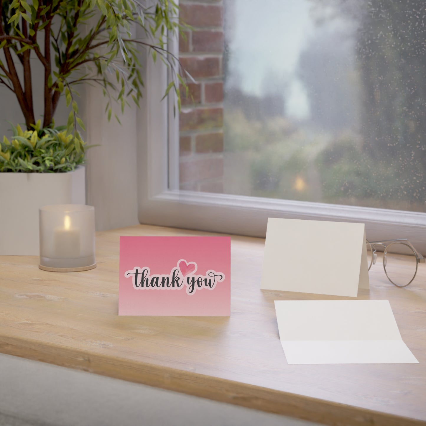 Pink Thank You Greeting Cards – Heart Script Folded Cards (Single, 10, 30, 50 Pack)