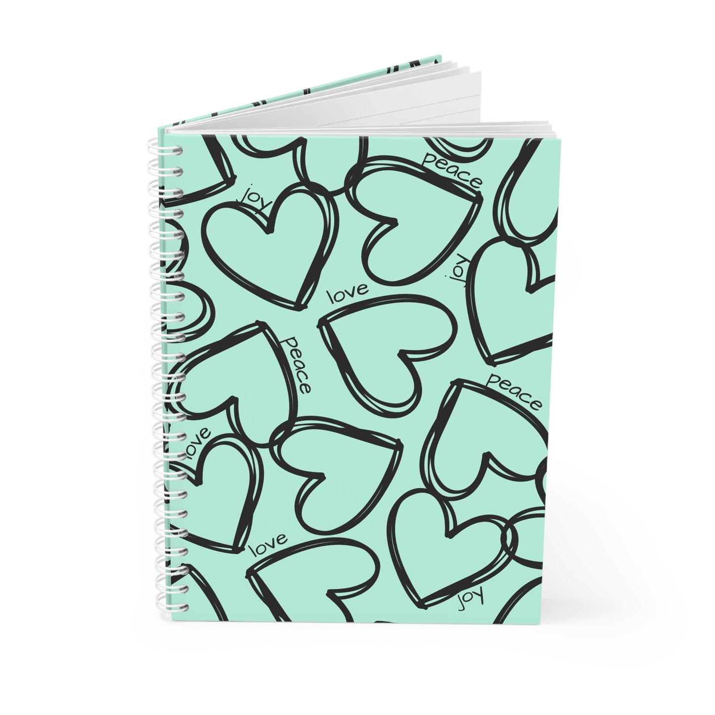 Heart Pattern Spiral Notebook — Mint Green Love, Peace & Joy Journal