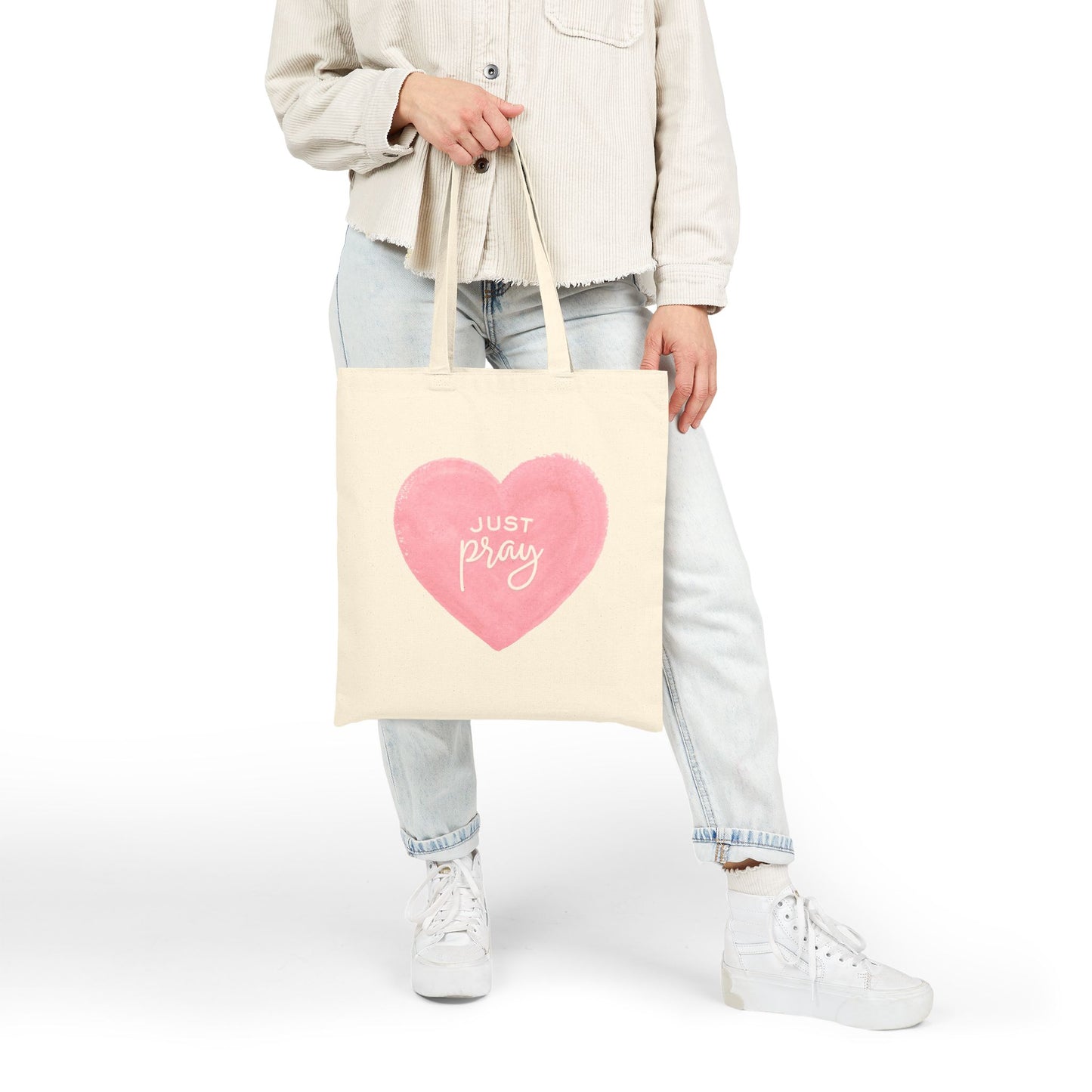 Tote Bag — 'Just Pray' Pink Heart Canvas Tote (Faith-Inspired Everyday Shopper)