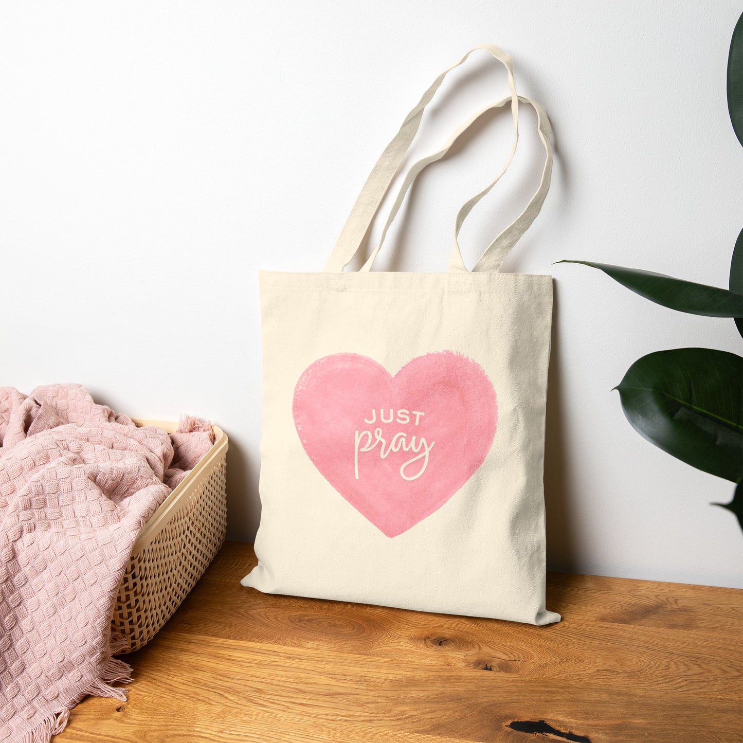 Tote Bag — 'Just Pray' Pink Heart Canvas Tote (Faith-Inspired Everyday Shopper)