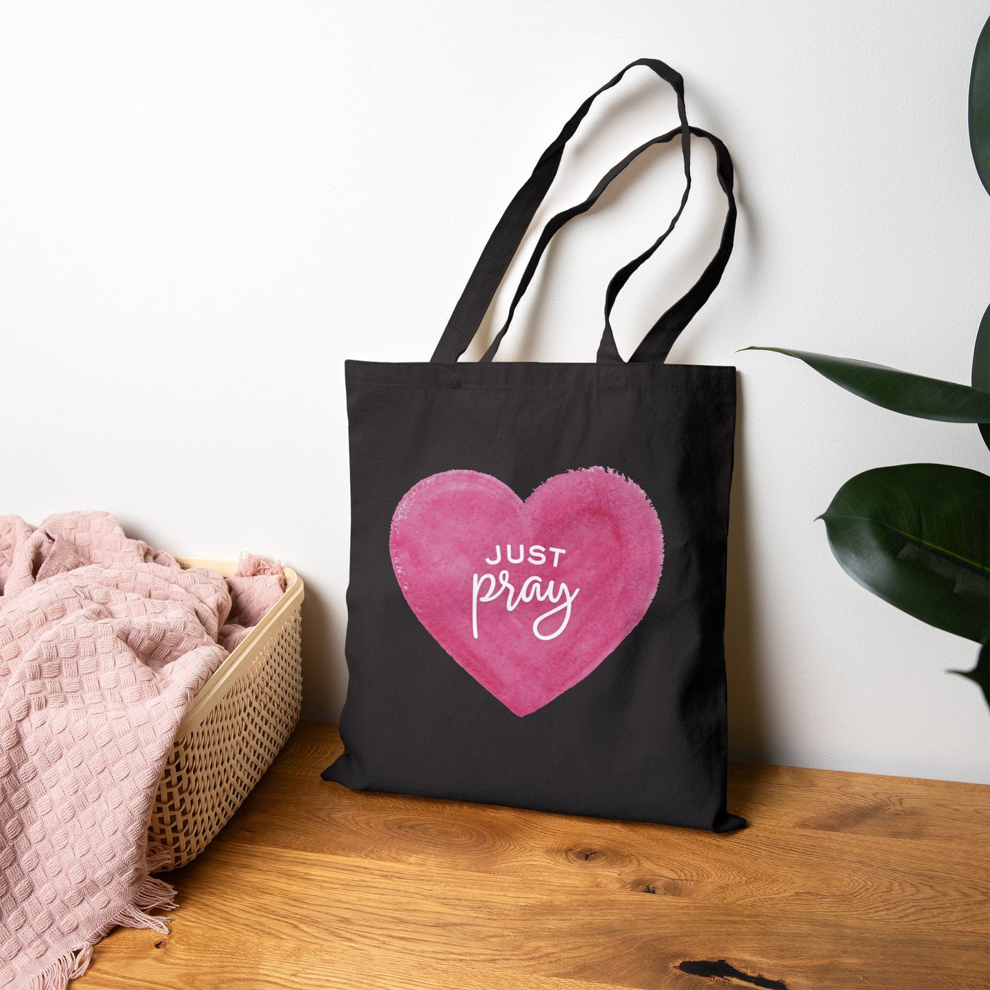 Tote Bag — 'Just Pray' Pink Heart Canvas Tote (Faith-Inspired Everyday Shopper)