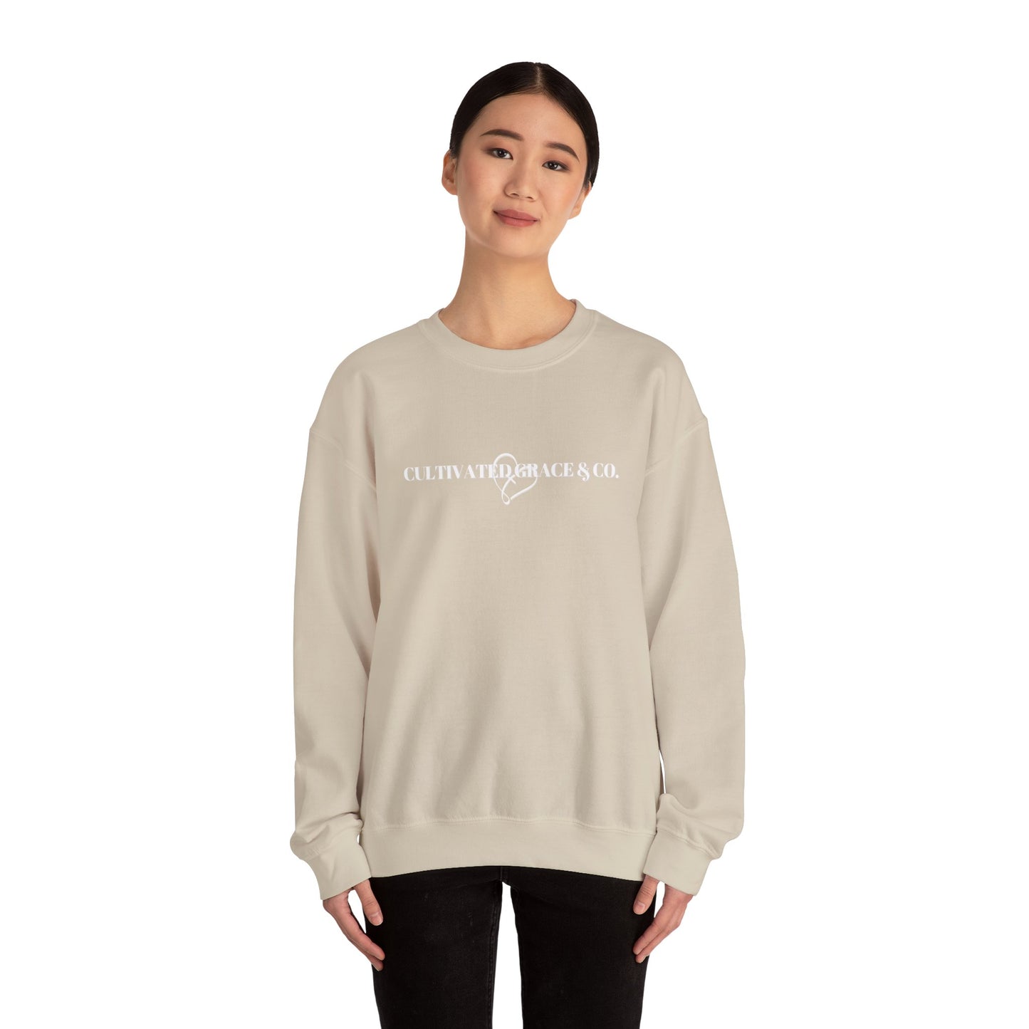 Crewneck Sweatshirt - "Cultivate Grace & Co." Minimal Heart Logo, Cozy Casual Pullover for Everyday Wear