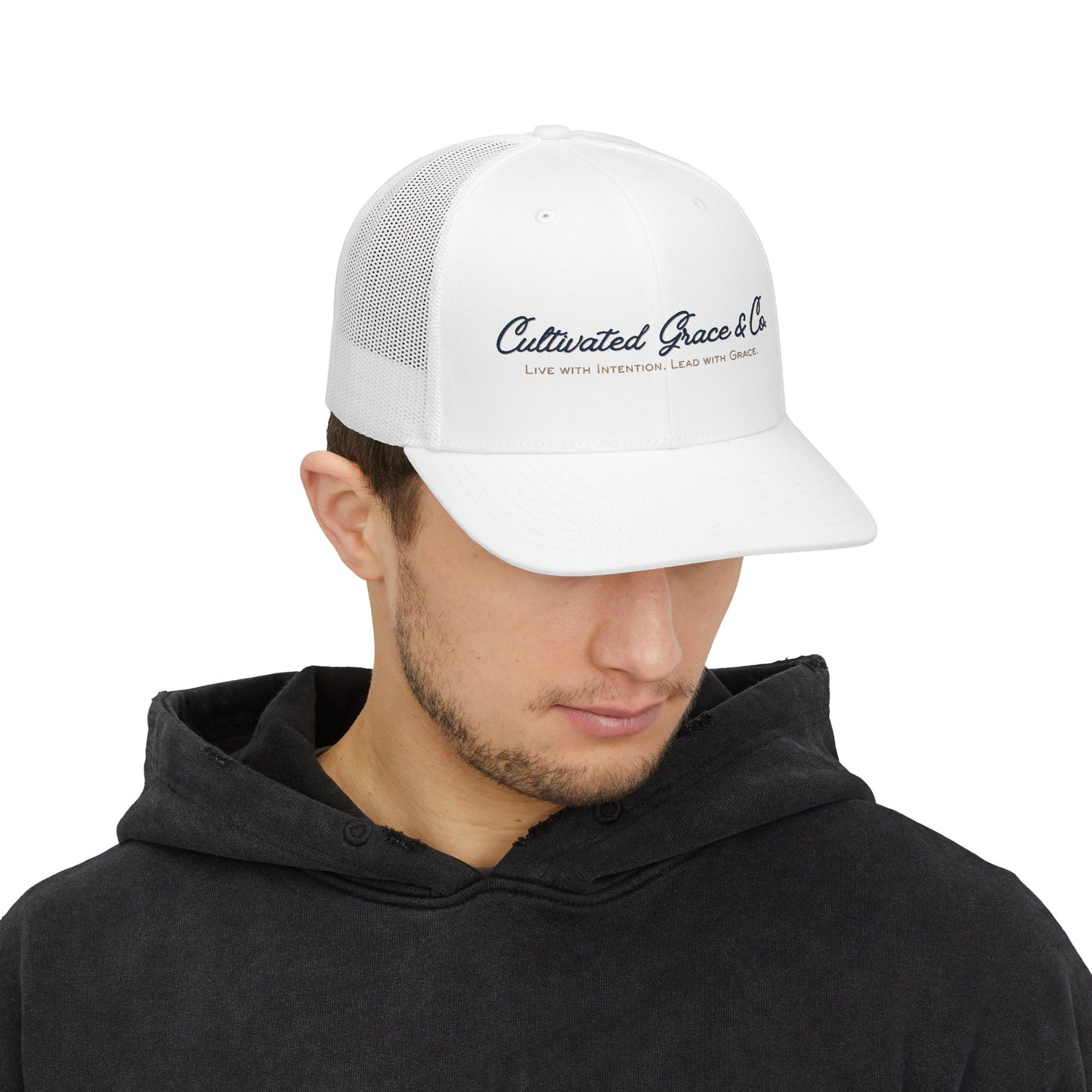 Cultivated Grace Trucker Cap — "Live with Intention, Lead with Grace" Snapback