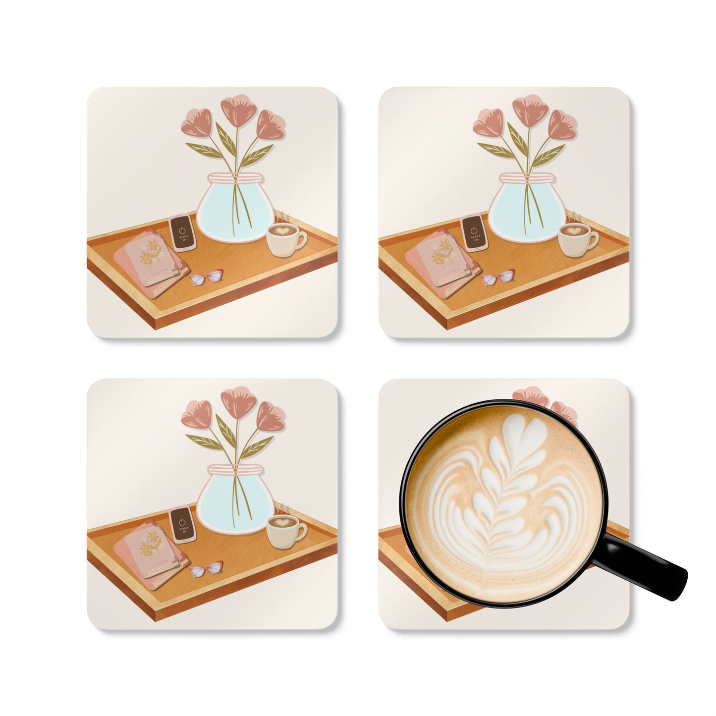 Cozy Morning Corkwood Coaster Set — Boho Still Life Drink Coasters