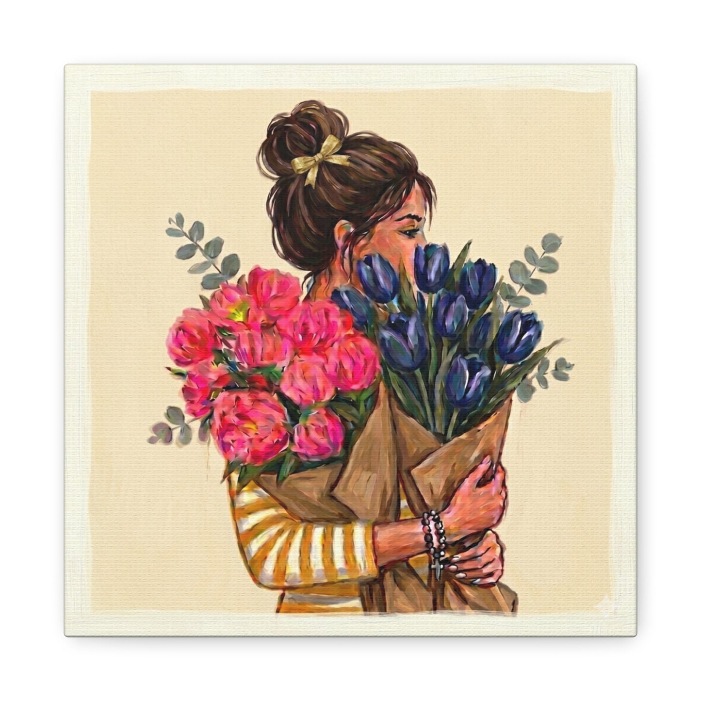 Canvas Wall Art - Woman Hugging Bouquets Floral Painting (Matte Stretched)
