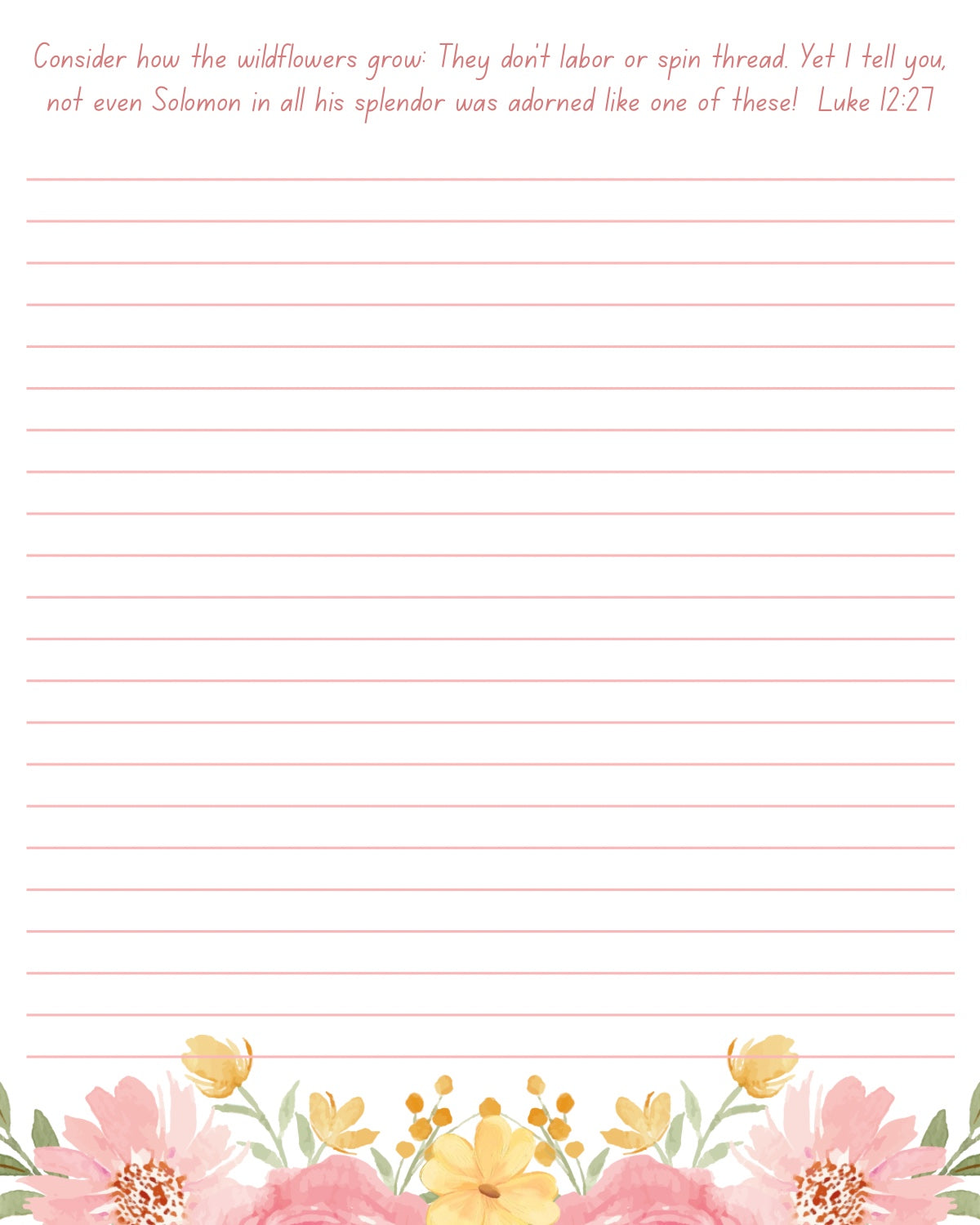 Consider the Wildflowers lined notepad by Cultivated Grace & Co. with Luke 12:27 and a full watercolor floral border