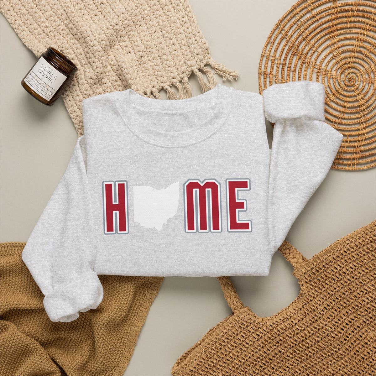 Ohio HOME block letter crewneck in Ash, folded flat lay
