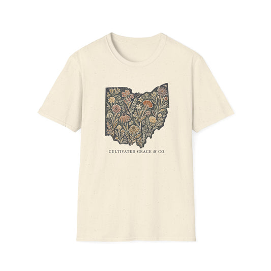 Floral Ohio Softstyle tee in Natural, front view