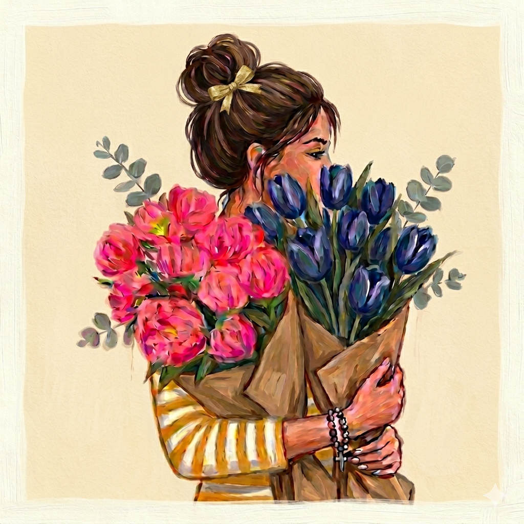 Canvas Wall Art - Woman Hugging Bouquets Floral Painting (Matte Stretched)