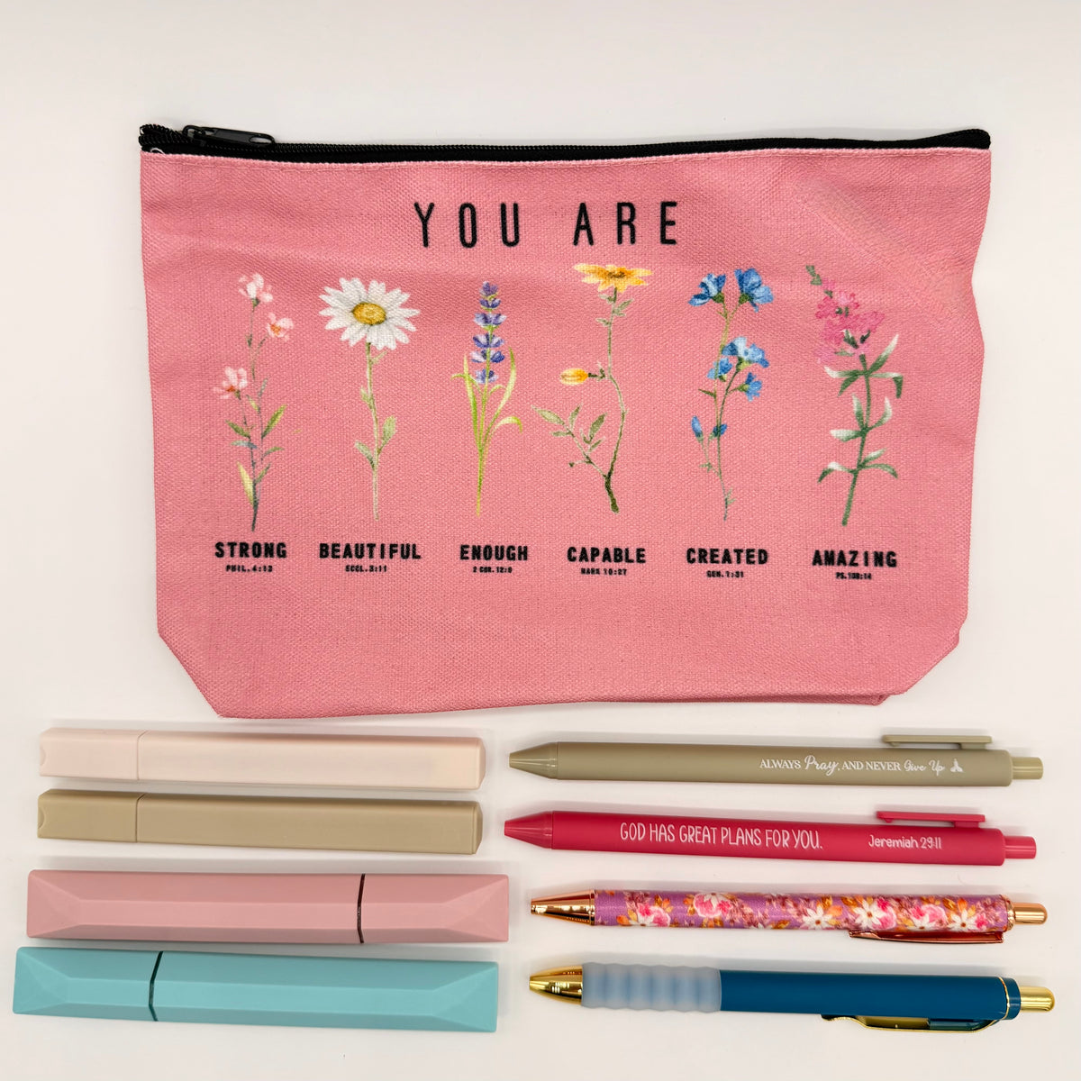 You Are wildflower zip pouch with highlighters and scripture pens from The Devotional Box