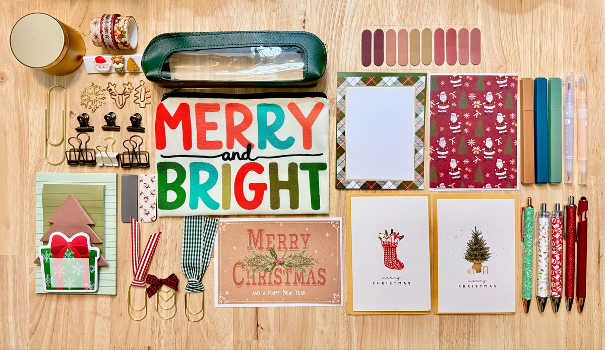 Pouches, storage tin, clips, bookmarks, sticky notes, pens, highlighters, cards and postcards