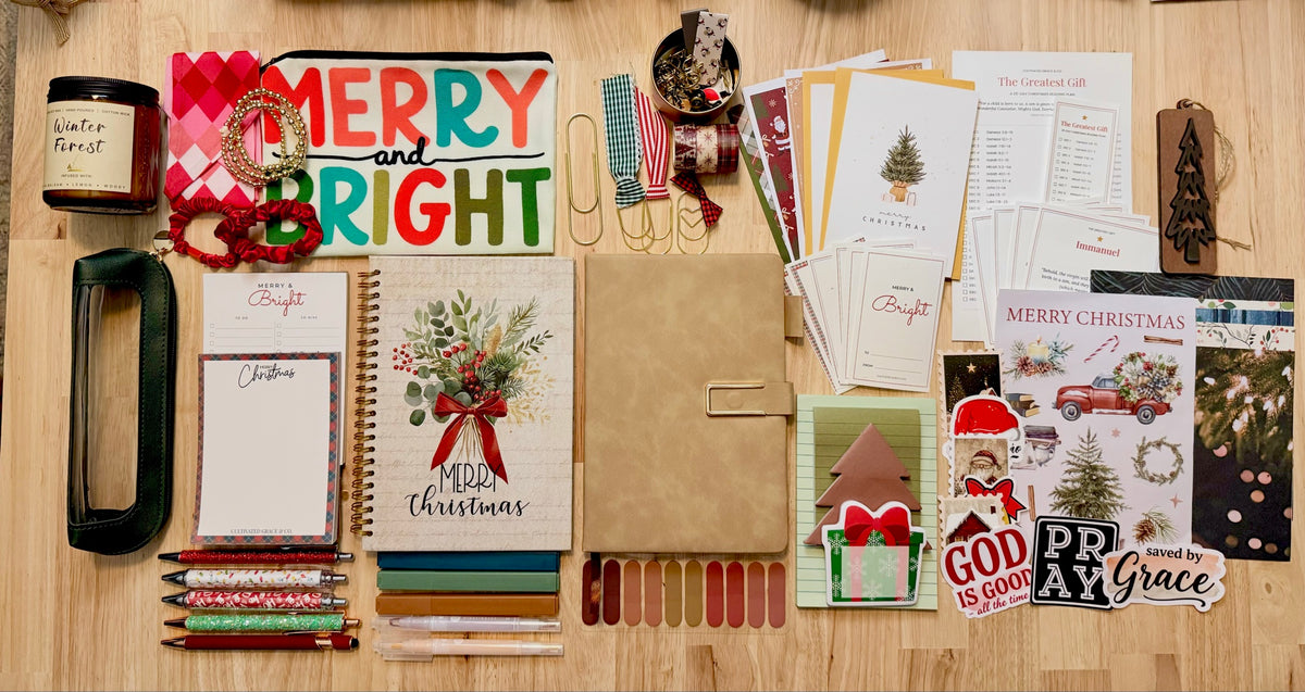 The Greatest Gift Christmas Box flat lay with the Holiday Neutral journal