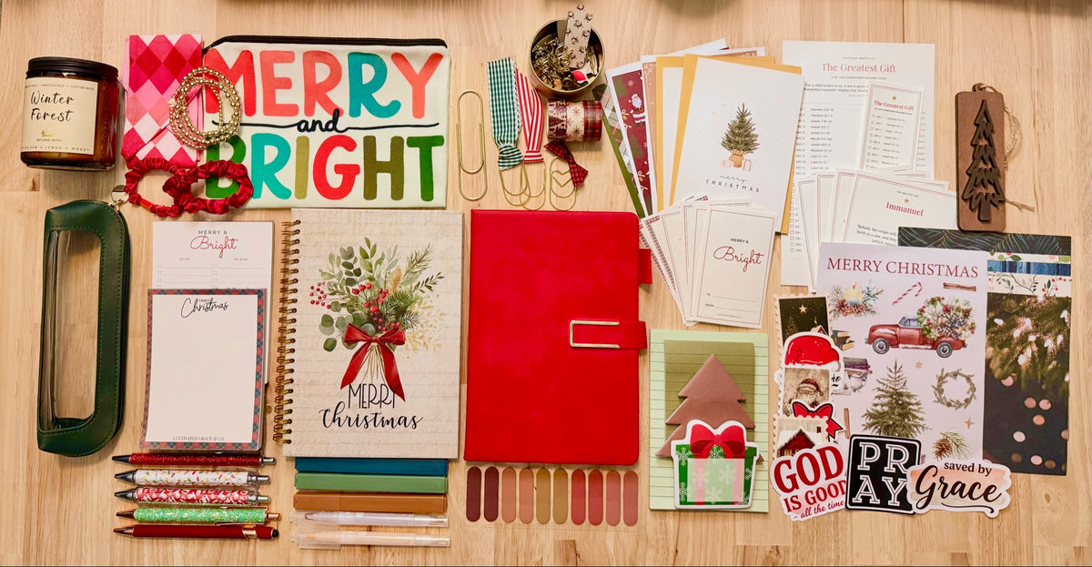 The Greatest Gift Christmas Box flat lay with the Christmas Red journal and all 80 pieces