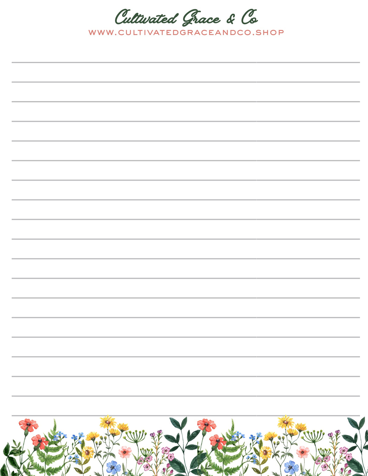 New Floral lined notepad by Cultivated Grace & Co. with a bright wildflower border