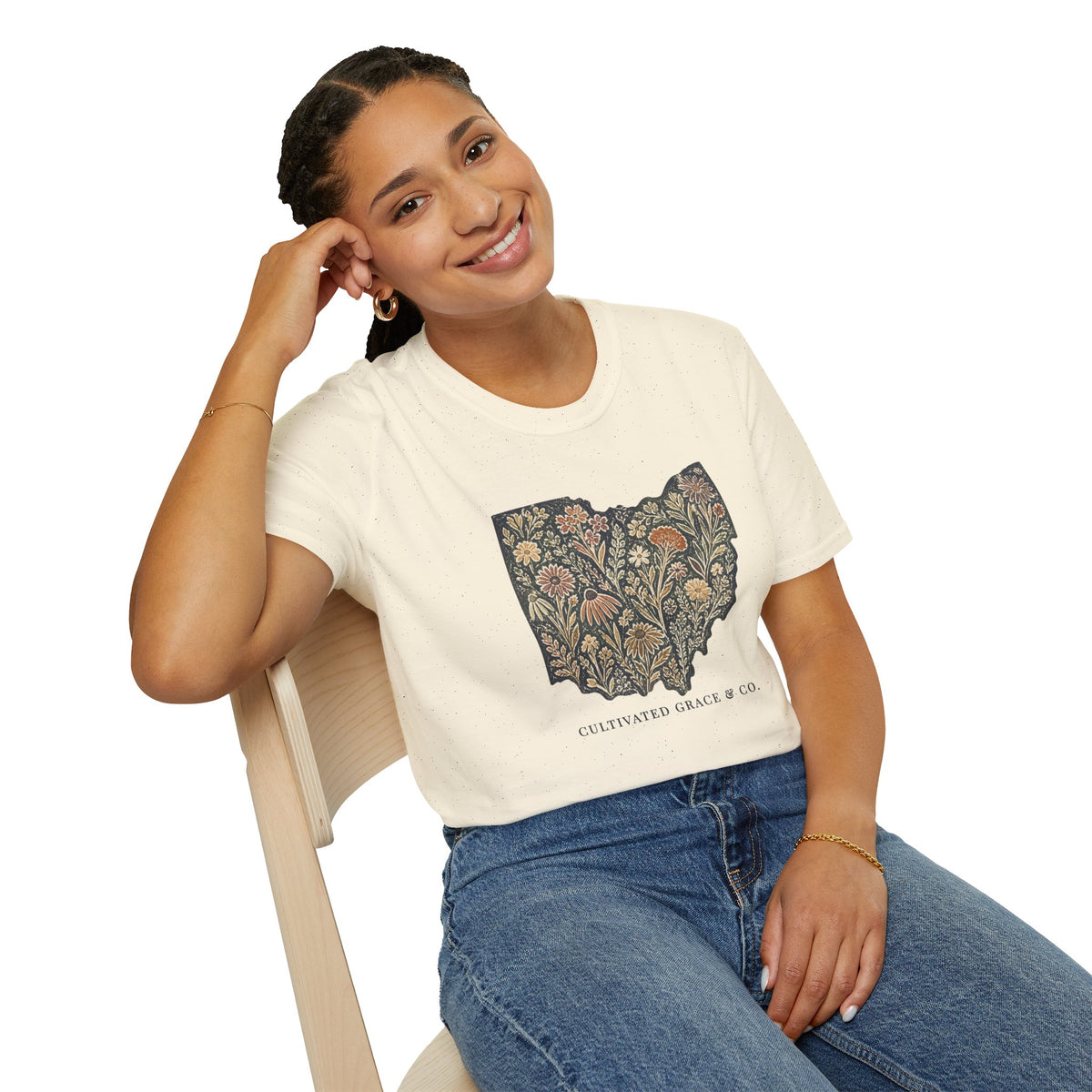 Floral Ohio Softstyle tee in Natural worn seated