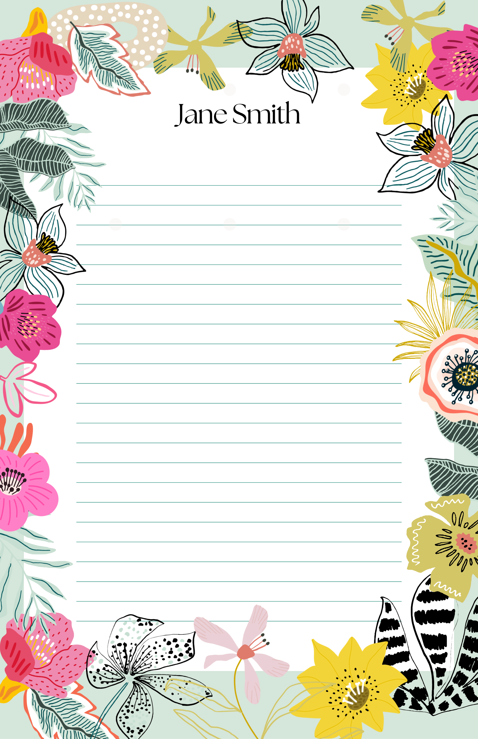Floral border design with 'Jane Smith' text on a lined paper background