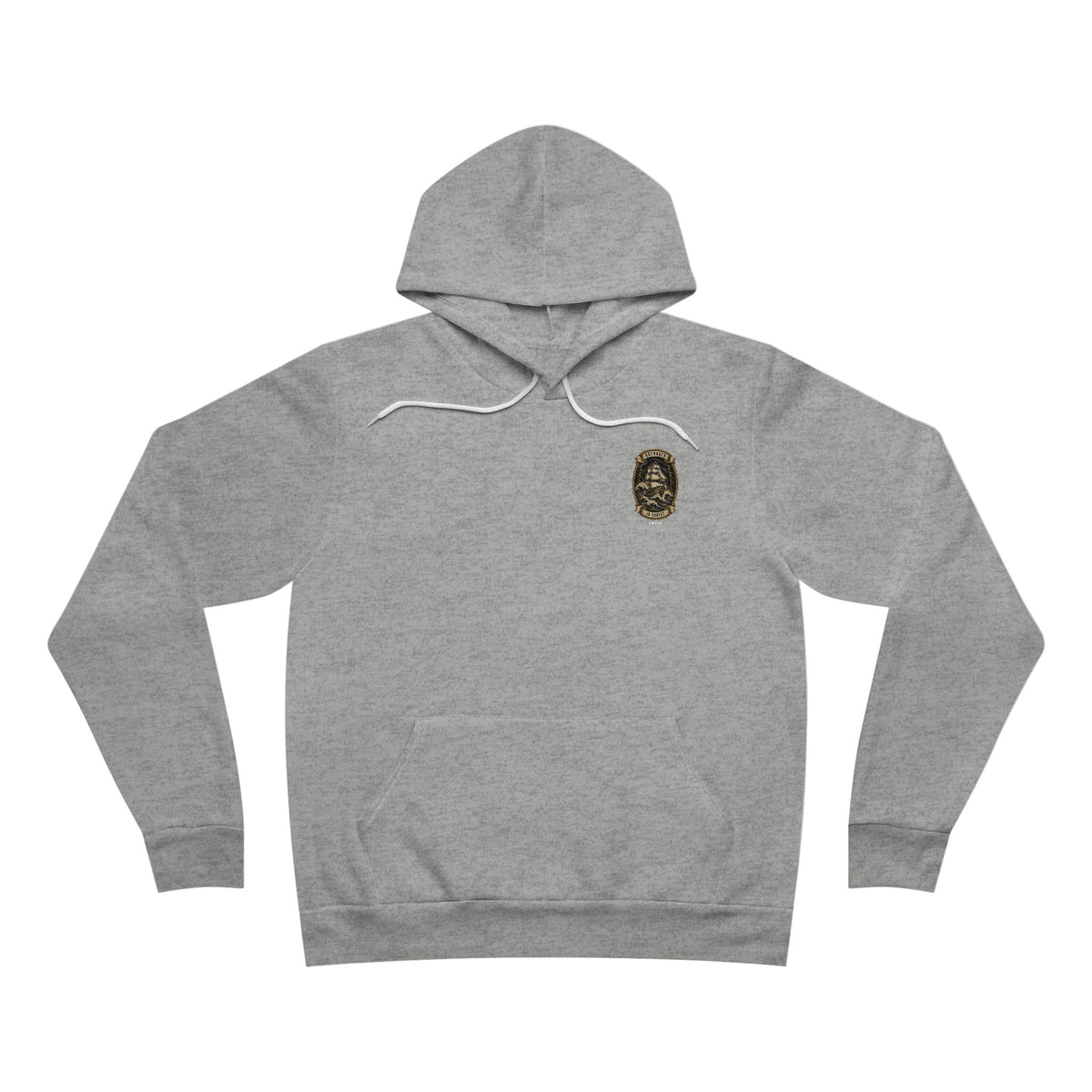 Anchored in Christ hoodie in Athletic Heather, front with small ship crest on the left chest