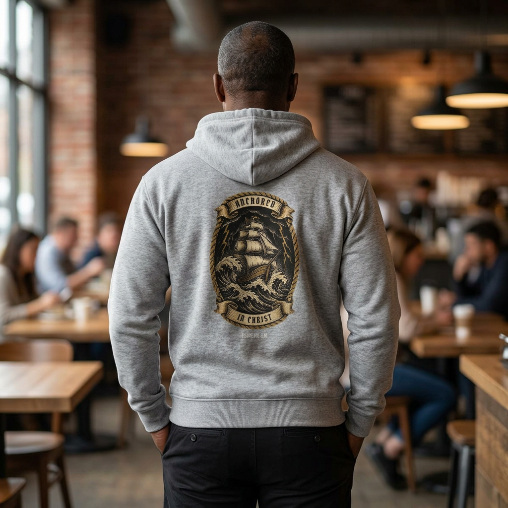 Man wearing the Anchored in Christ hoodie in Athletic Heather in a coffee shop, back view