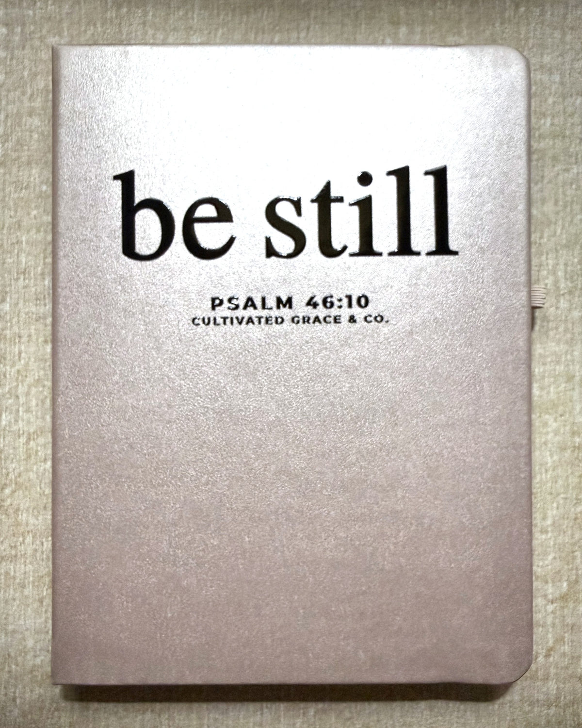 Be Still faith word journal, print style, Shimmer Pink hardcover with Be Still lettering