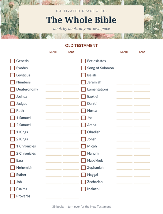 A printable Bible verse tracker sheet titled 'The Whole Bible' by Cultivated Grace & Co., showing a checklist of Old and New Testament books with start and end fields, on a white background with a soft floral border.
