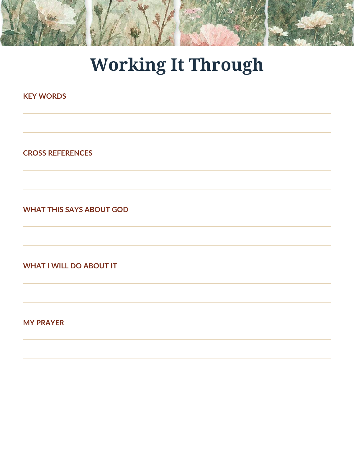 A printable reflection worksheet titled 'Working It Through' with lined spaces for key words, cross references, what this says about God, what I will do about it, and my prayer. The page has a white background with a floral border at the top.