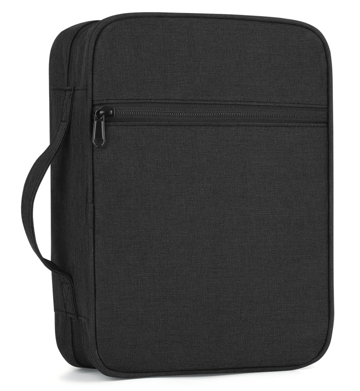 Bible carrying case in Black canvas with zip closure, front pocket and carry handle
