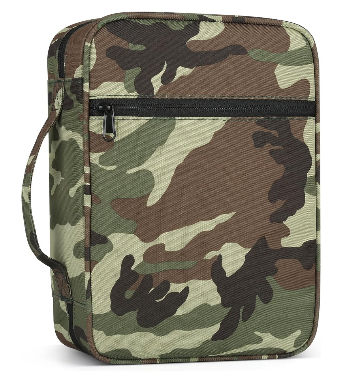 Bible carrying case in Camo canvas with zip closure, front pocket and carry handle