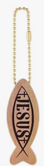 Wooden JESUS fish charm keychain on a gold ball chain, included with every Bible carrying case