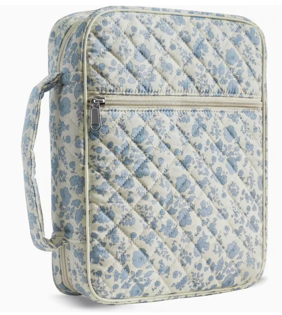 Bible carrying case in Quilted Floral Blue Flowers with zip closure, front pocket and carry handle
