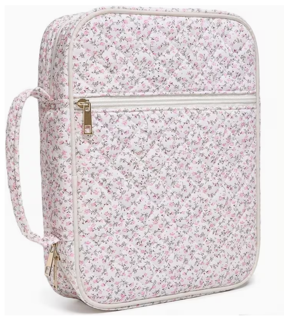 Bible carrying case in Quilted Floral Ditsy Pink with zip closure, front pocket and carry handle