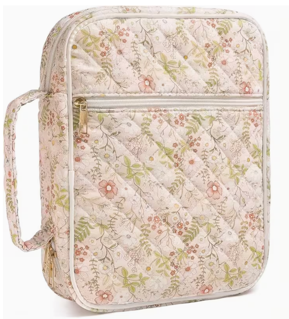 Bible carrying case in Quilted Floral Leaves with zip closure, front pocket and carry handle