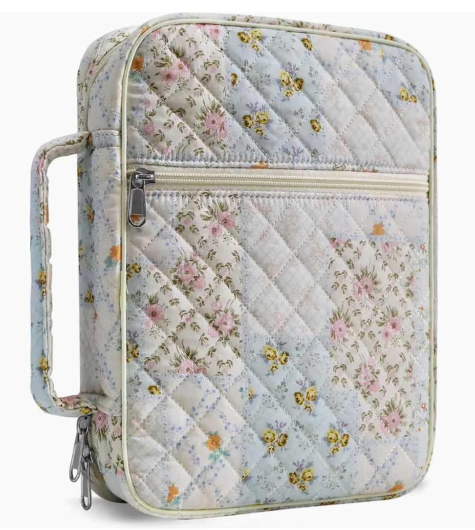 Bible carrying case in Quilted Floral Patchwork with zip closure, front pocket and carry handle