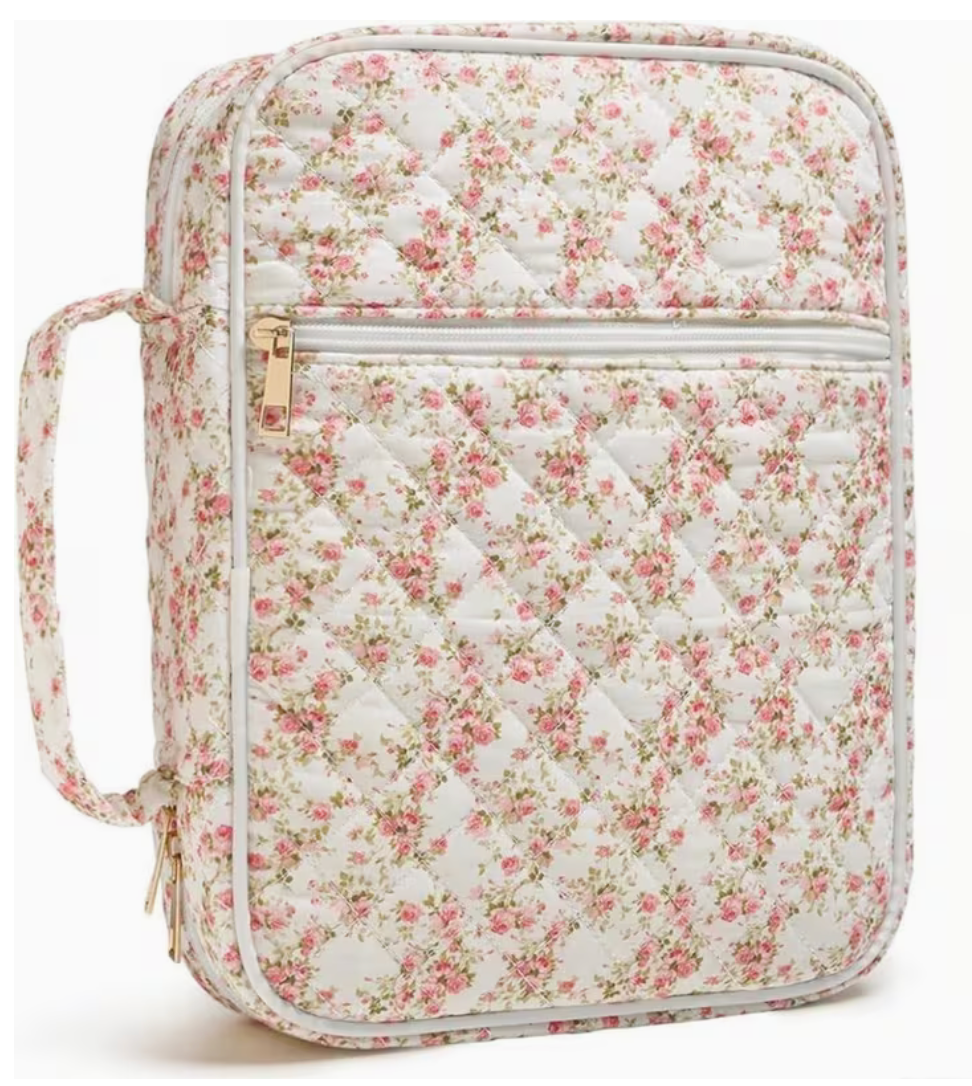 Bible carrying case in Quilted Floral Roses with zip closure, front pocket and carry handle