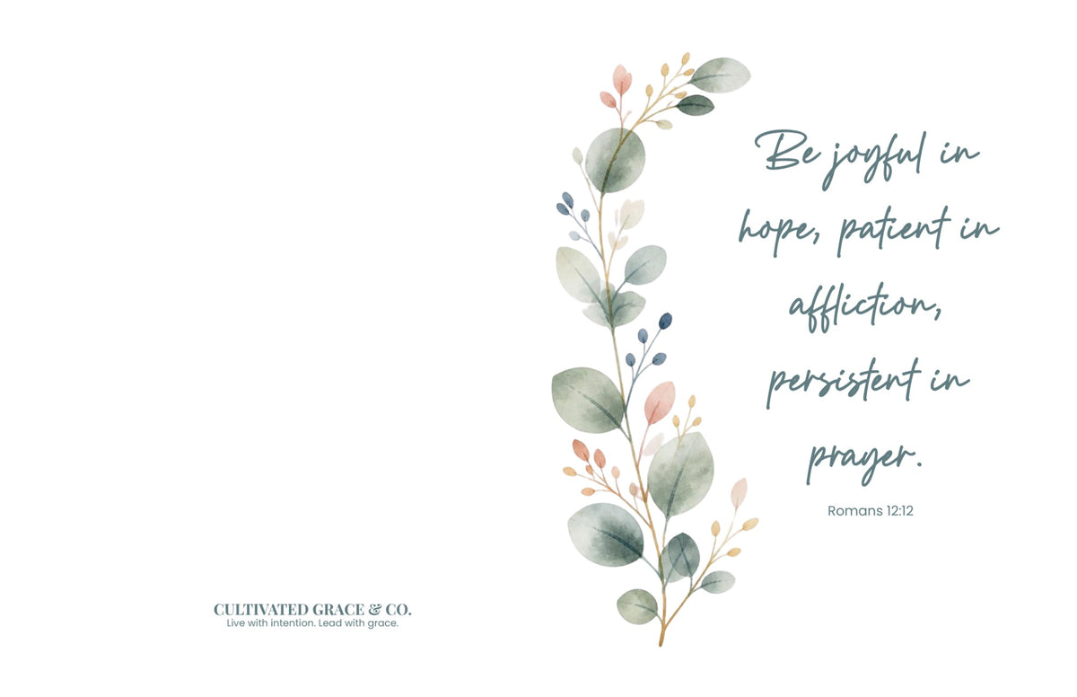Eucalyptus blank greeting card, front and back, with the Cultivated Grace & Co. wordmark on the back